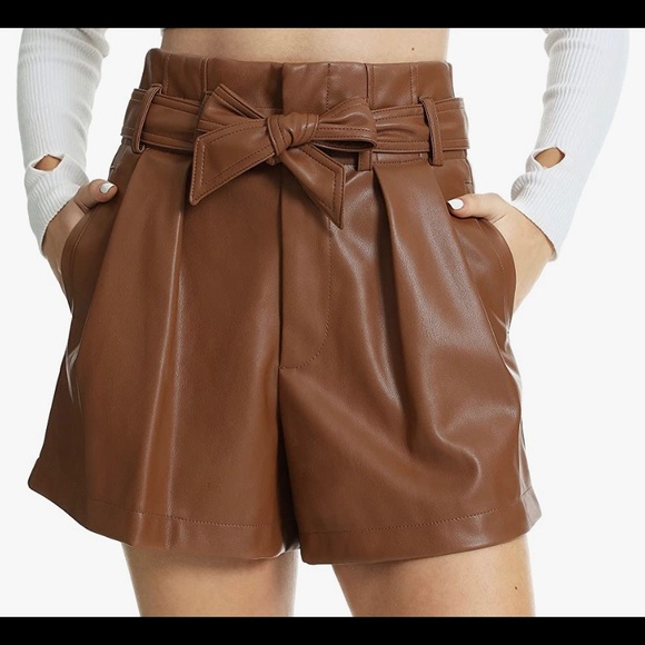 Faux Leather Shorts Casual High Waisted Belted Wide Leg Pockets Elastic Band SM - Picture 1 of 8